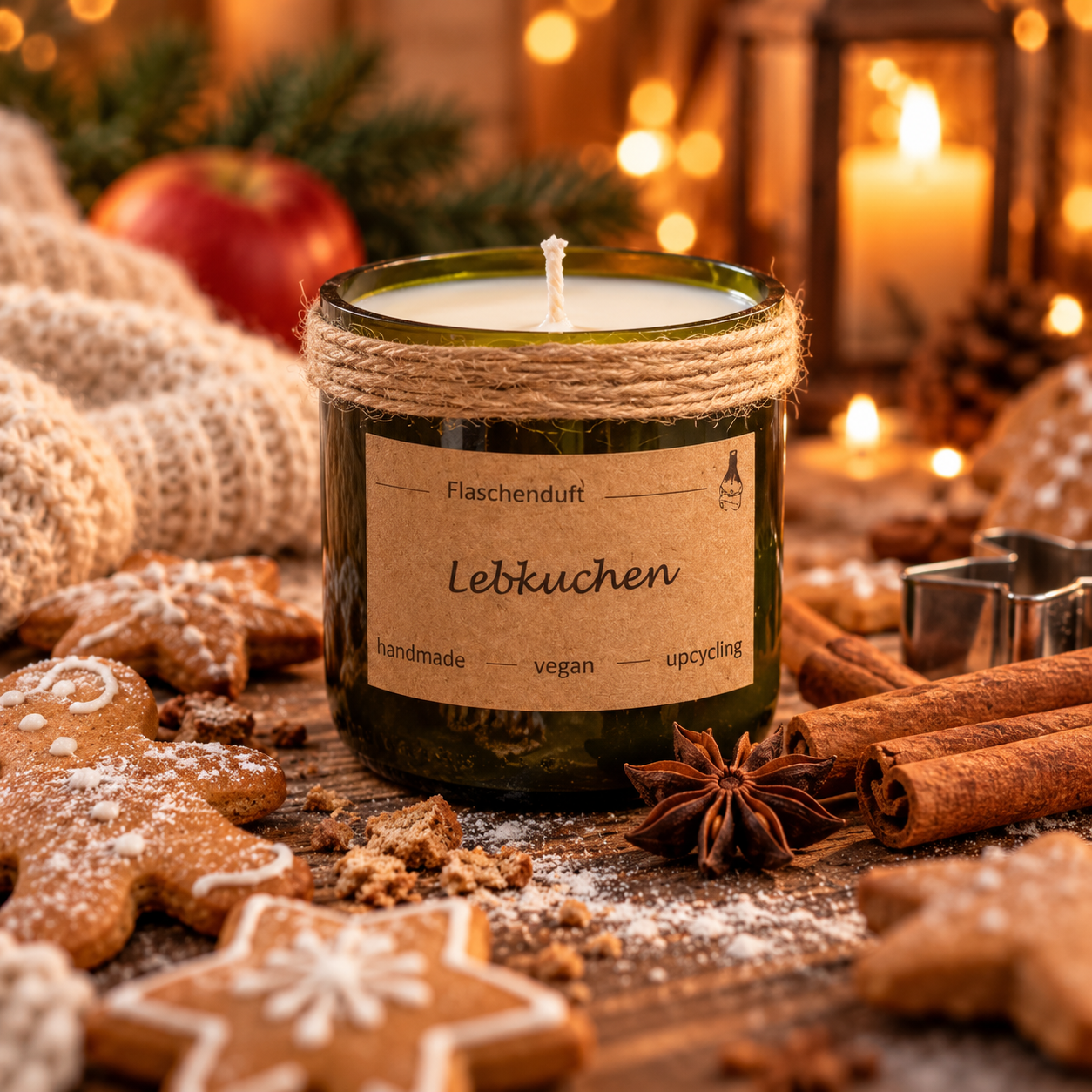 Gemütliche Lebkuchen-Kerze im Winterlicht